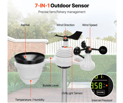 Station météo sans fil 7 en 1, écran couleur 7,5”, alertes météo