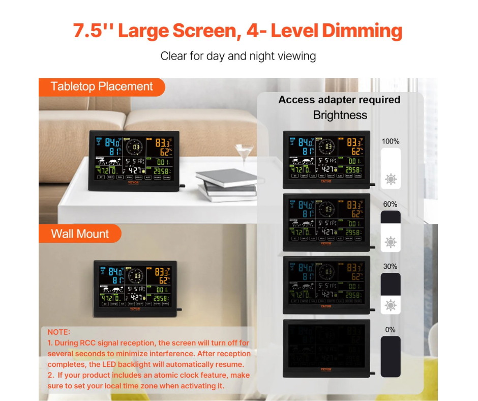 Station météo sans fil 7 en 1, écran couleur 7,5”, alertes météo