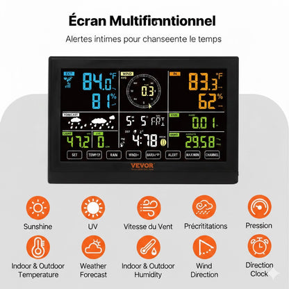 Station météo sans fil 7 en 1, écran couleur 7,5”, alertes météo